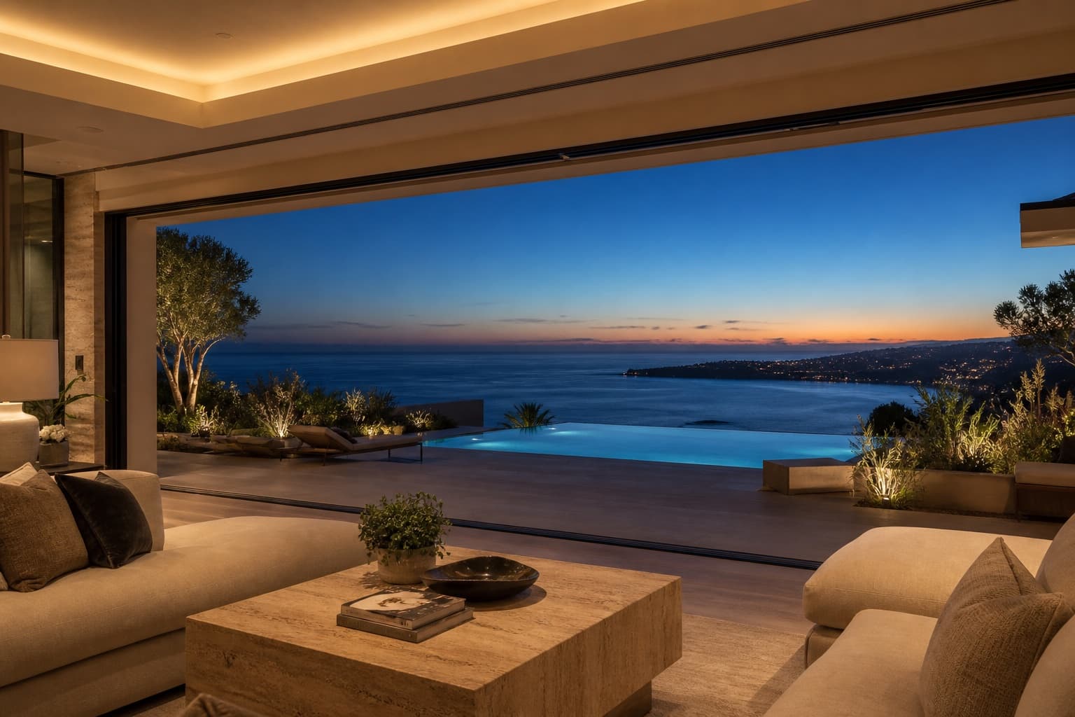 Luxury Newport Coast smart home at twilight with open indoor-outdoor living, infinity pool overlooking the Pacific Ocean, and integrated home automation with layered lighting and landscape lighting scenes